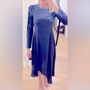 BCBG navy blue midi dress with leather trim
